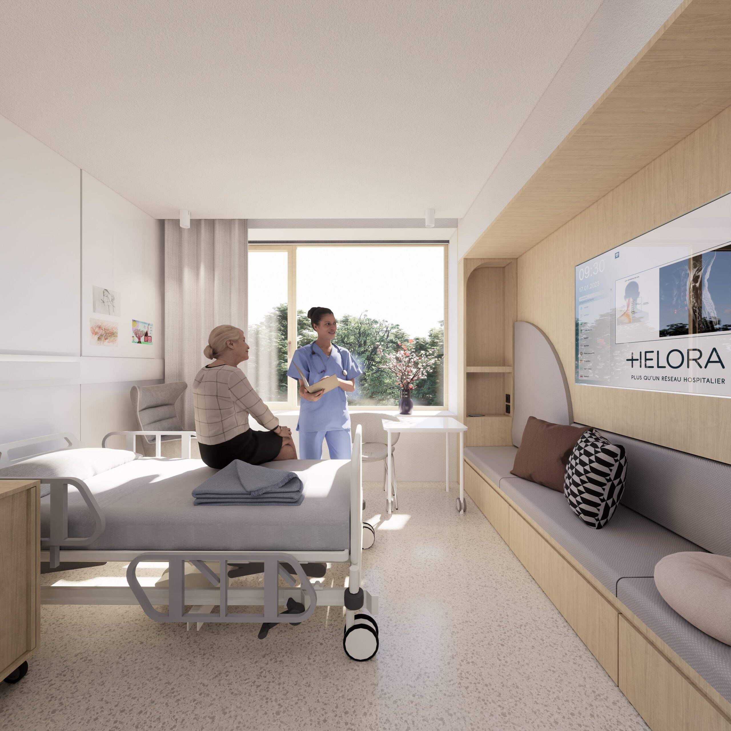 BIM Management pour le projet Helora, image d'une chambre avec un patient et un docteur