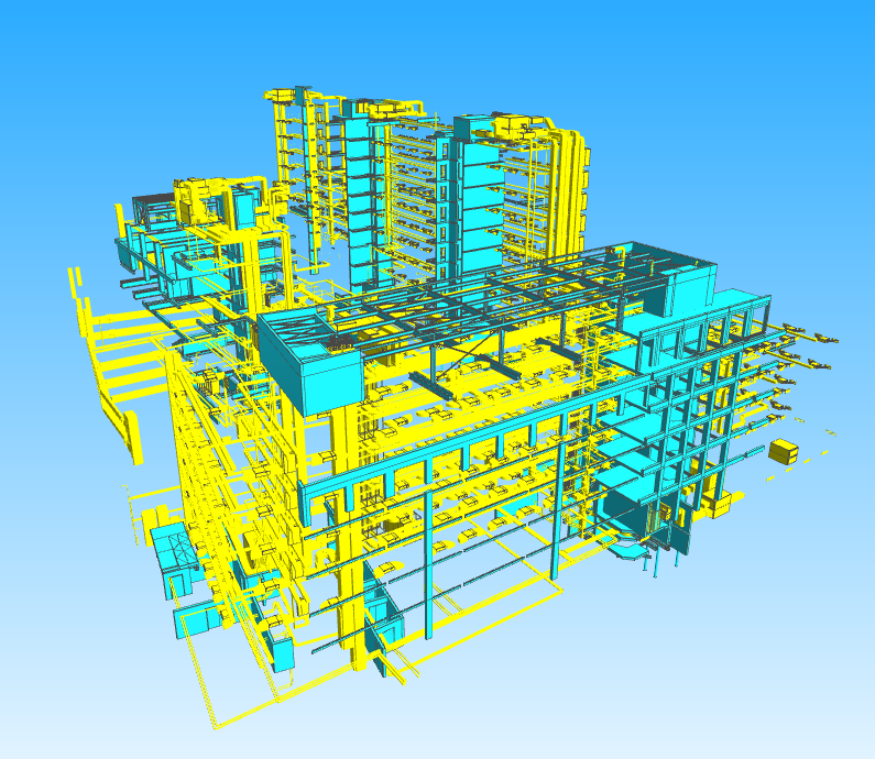 Modèle BIM 3D détaillé d'un bâtiment complexe, affichant la structure, les réseaux techniques et les éléments architecturaux en différentes couleurs pour une meilleure visualisation et coordination des disciplines.
